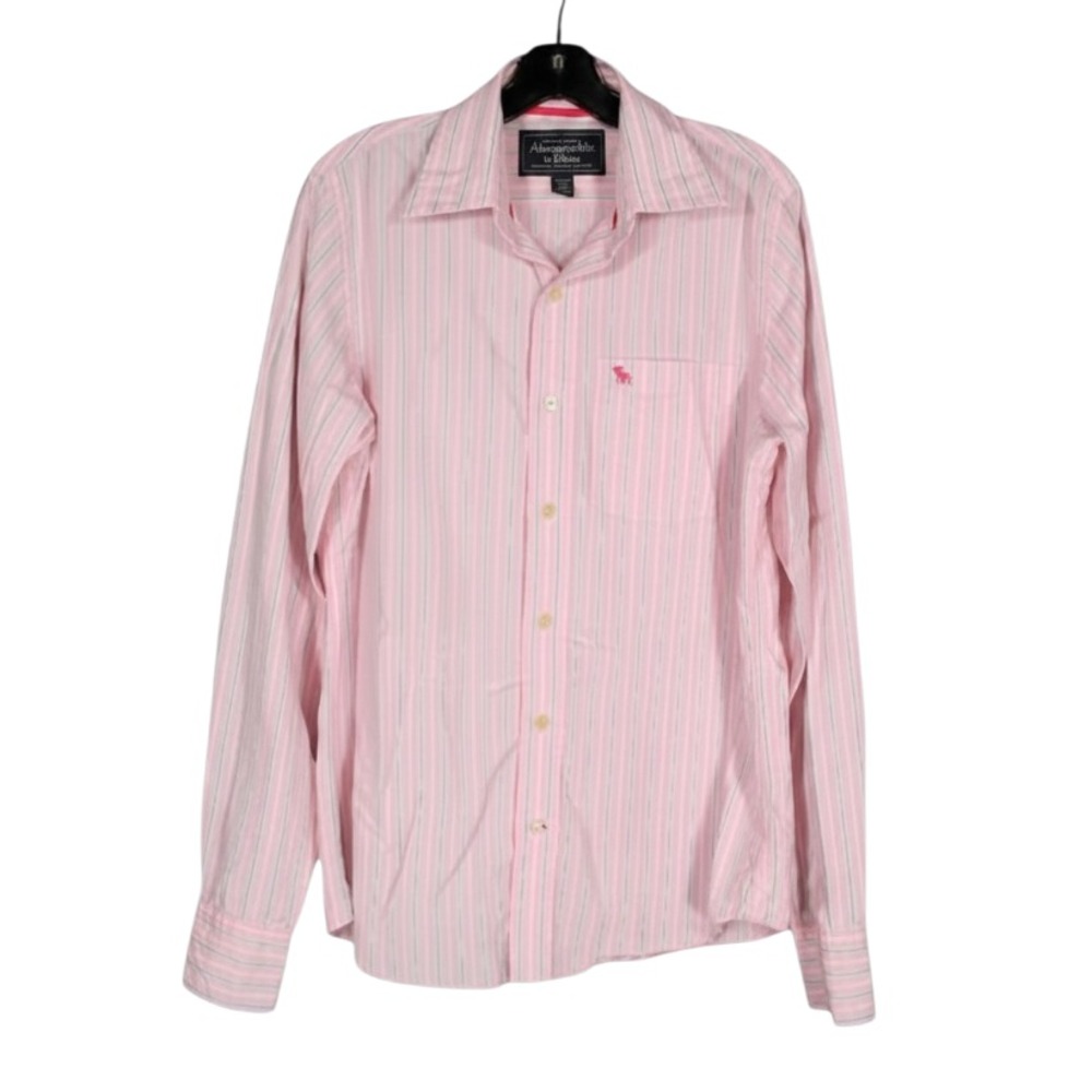ABERCROMBIE & FITCH Pink/Teal STRIPES Button-Up TWILL 1-Pocket MUSCLE SHIRT Sz M